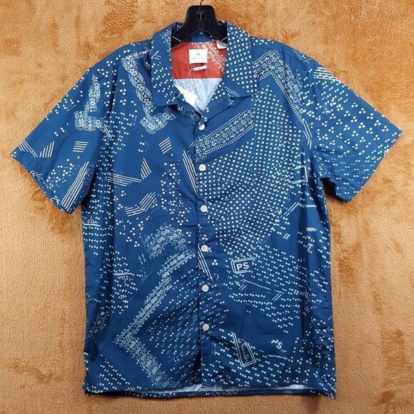 PAUL SMITH Camp Shirt Mens Large Teal Button Up Casual Logo Short Sleeve $175 - Picture 1 of 8